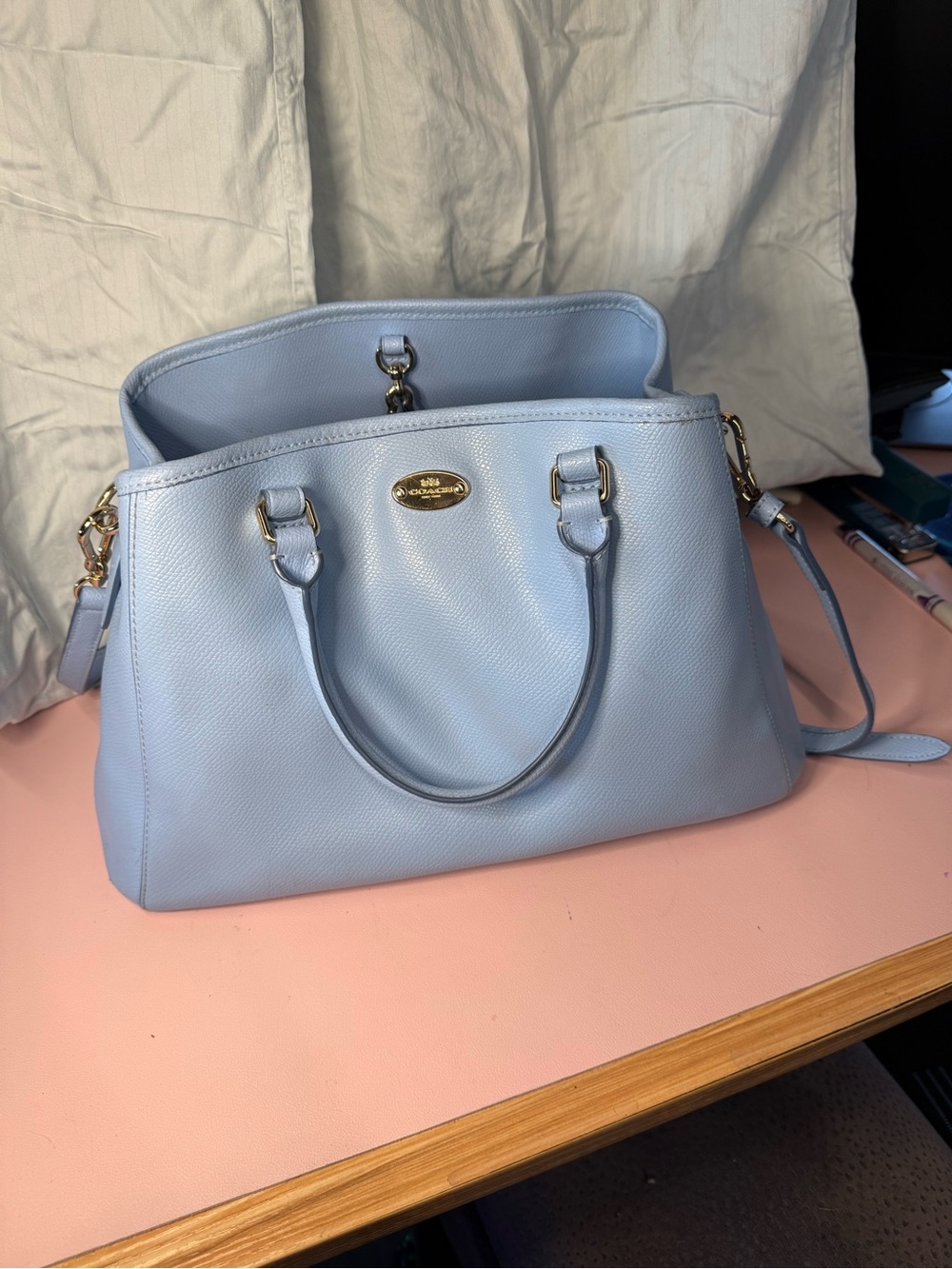 Coach Powder Blue Leather Satchel Crossbody Bag w/ Gold Hardware